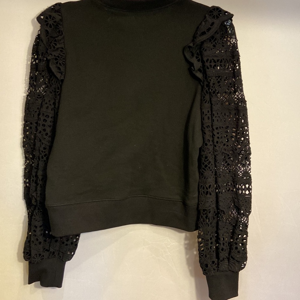 SEA Patrizia Lace Combo Sweatshirt Top Black Cropped Puff Sleeve - Picture 7 of 8